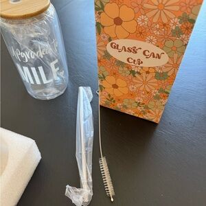 NWT Mom Floral Glass Can Cup with Straw and Brush